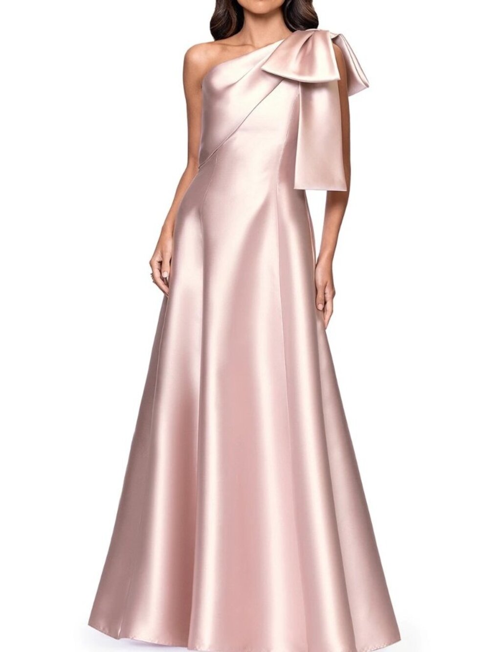 Betsy and Adam Blush Pink Bow Detail One-Shoulder Mikado Gown